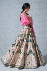 Ivory Beige Tissue Sheesh Mahal Inspired Lehenga with Leheriya Dupatta